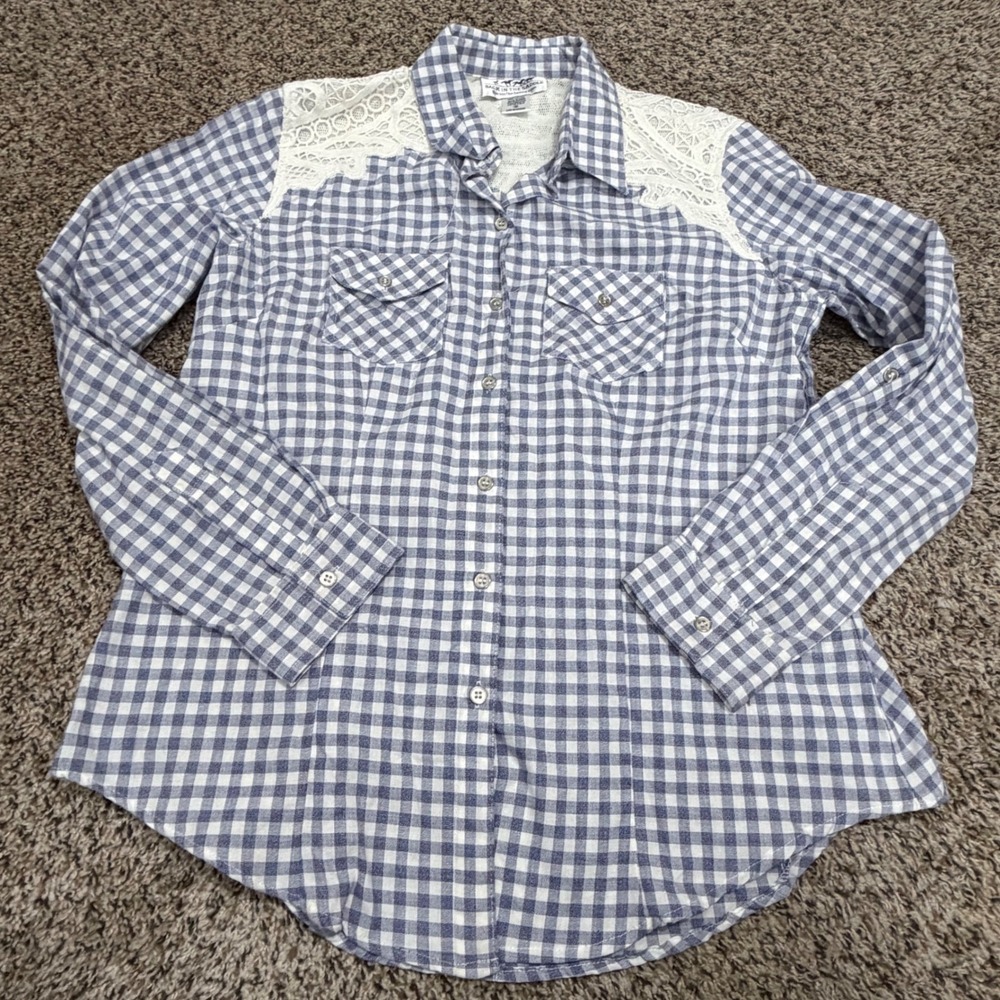 Back In The Saddle Blue Gingham Lace Yoke Western Shirt Womens Medium BC21151